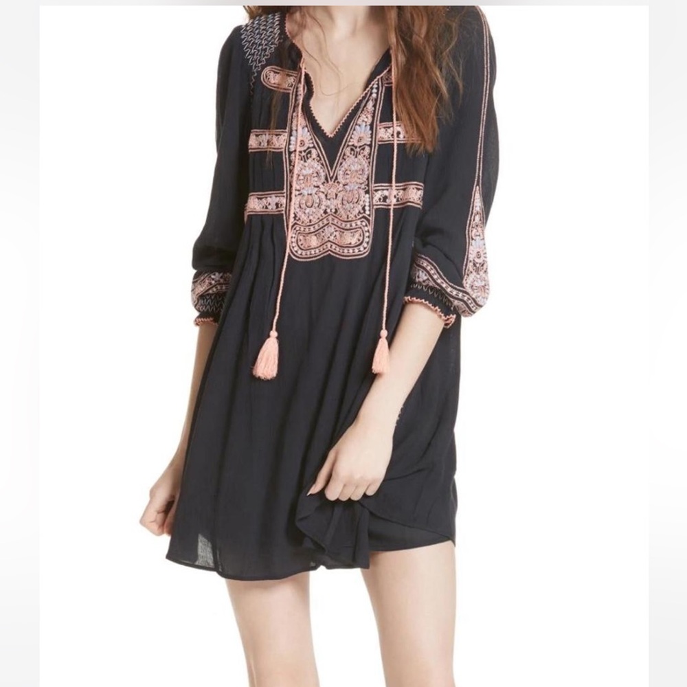 Free People Navy Dress with Pink Embroidery